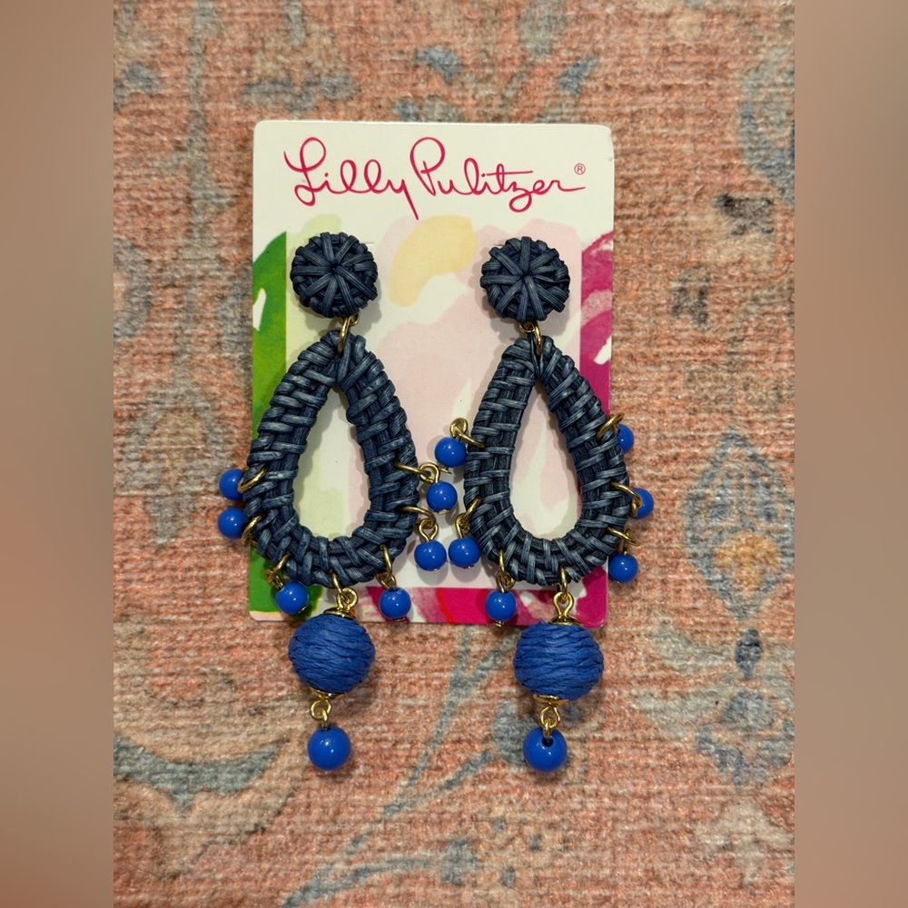 Brand New Lilly Pulitzer Alba Blue Dangling Raffia Earrings - Picture 3 of 5